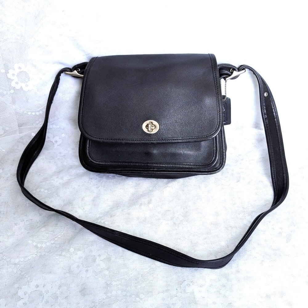Vintage COACH 9061 Rambler's Legacy Black Leather Crossbody Bag Silver Hardware
